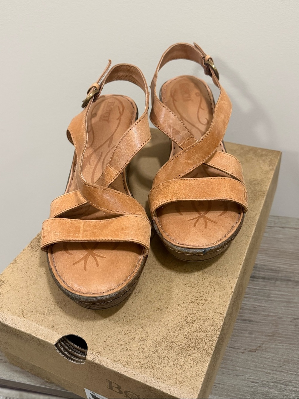 boc Tan Crisscross Wedge Sandals with Ankle Buckle
